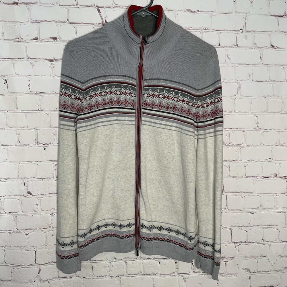 Vintage Eddie Bauer Sweater Women Small Full Zip Gray Fair Isle Snowflakes‎ Y2K